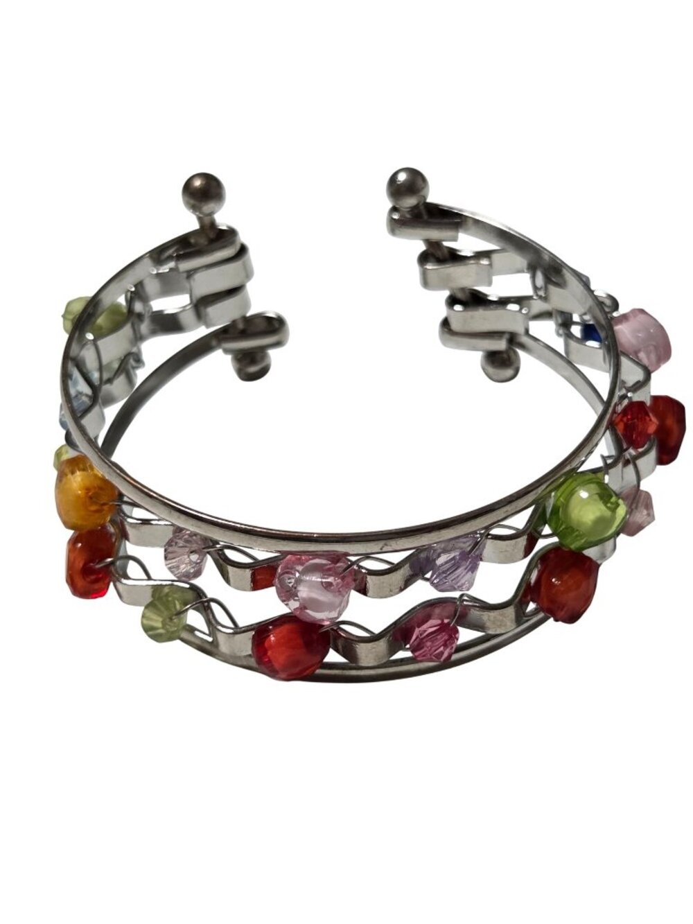 Retro Cuff Bracelet Colorful Beaded Silver Tone Crystal Accents Fashion Jewelry